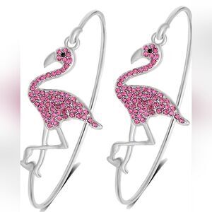 ☔️🩵Pink Rhinestone & Silver Plated Set of 2 Flamingo Bangle Bracelets